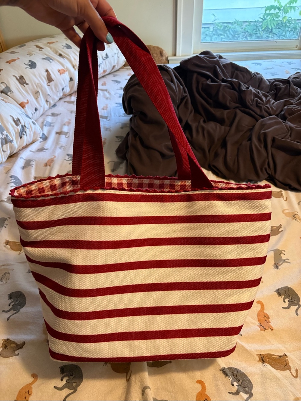 Red and Cream Striped Tote Bag - Casual Summer Carryall